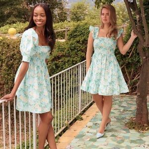 Hill House The Elizabeth Nap Dress Blue White Roses Floral Smocked Mini Dress XS